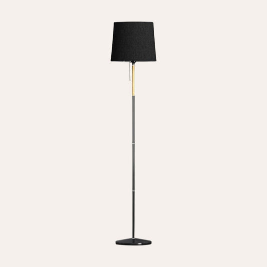 goodlampe lampadaire moderne noir avec abat-jour cylindrique en tissu et détails en bois, éclairage diffus haut et bas.
