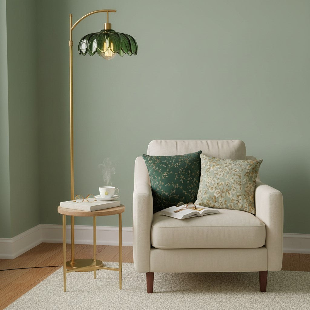 goodlampe lampadaire nordique vert en verre et fer avec abat-jour style vitrail et télécommande