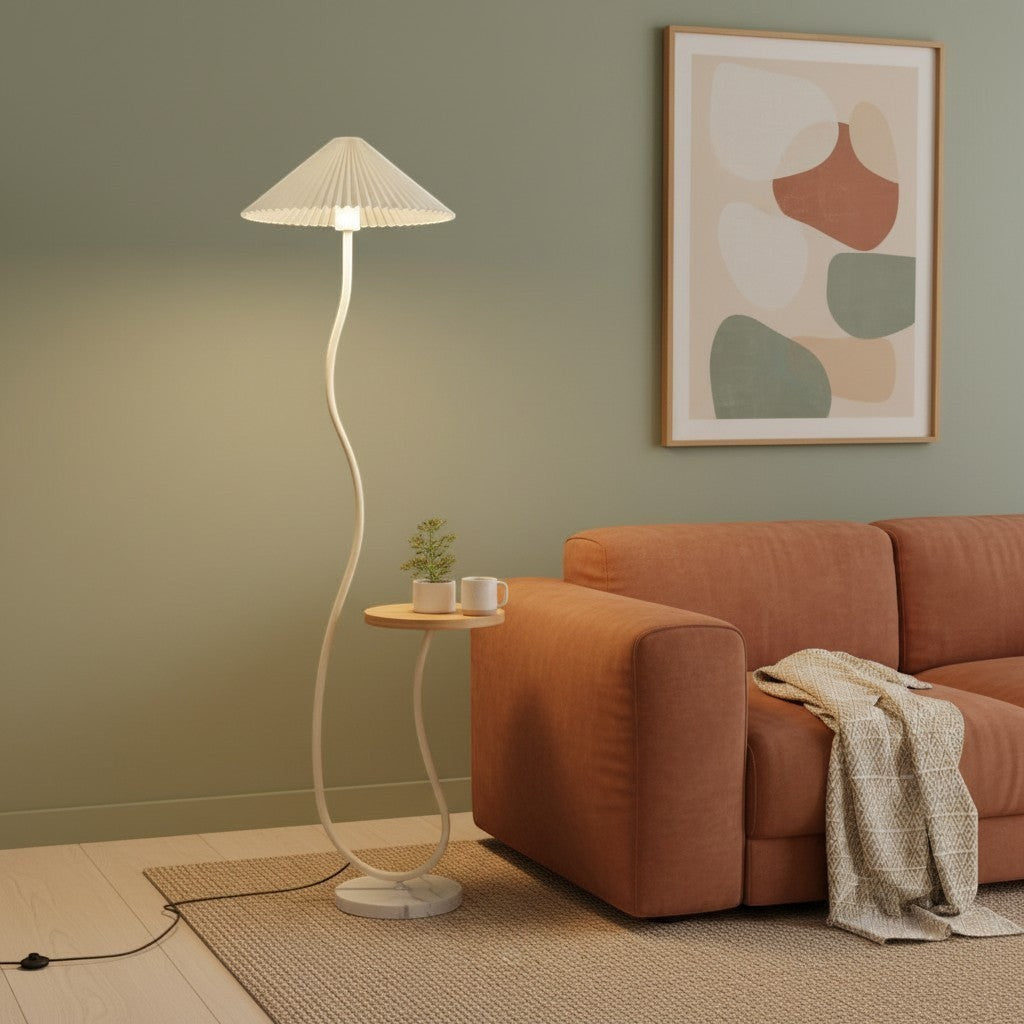 goodlampe lampadaire LED blanc cassé avec abat-jour plissé et petite étagère en bois, style rétro français