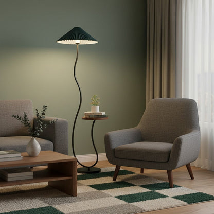 goodlampe lampadaire LED rétro vert foncé avec abat-jour plissé en tissu et petite étagère en bois pour plante.