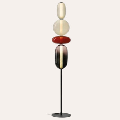 Lampadaire goodlampe design italien avec boules en verre coloré empilées sur un pied en métal noir fin