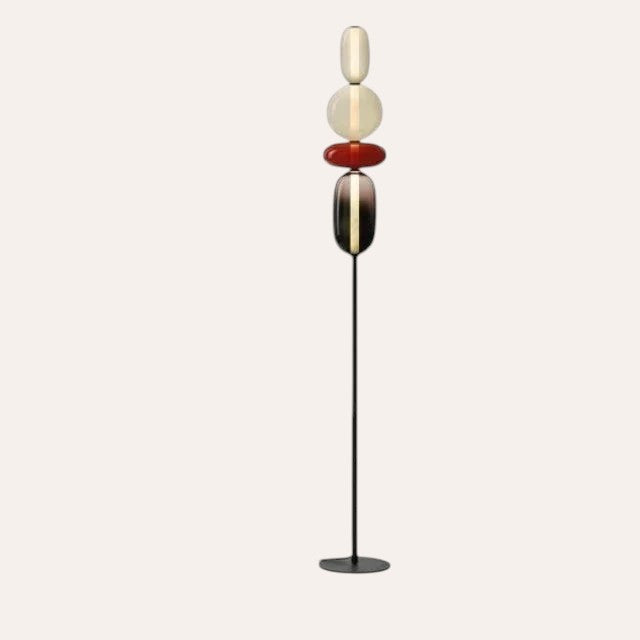 Lampadaire goodlampe design italien avec boules en verre coloré empilées sur une fine tige en métal noir