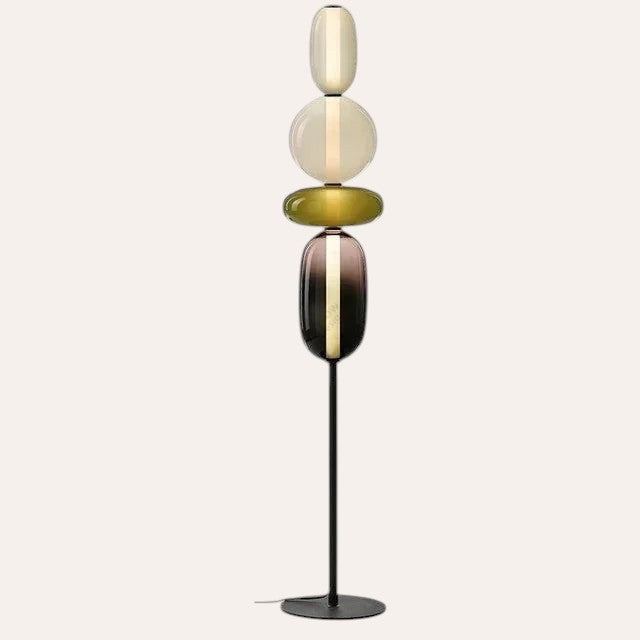 Lampadaire goodlampe design italien avec boules en verre coloré empilées sur un pied en métal noir