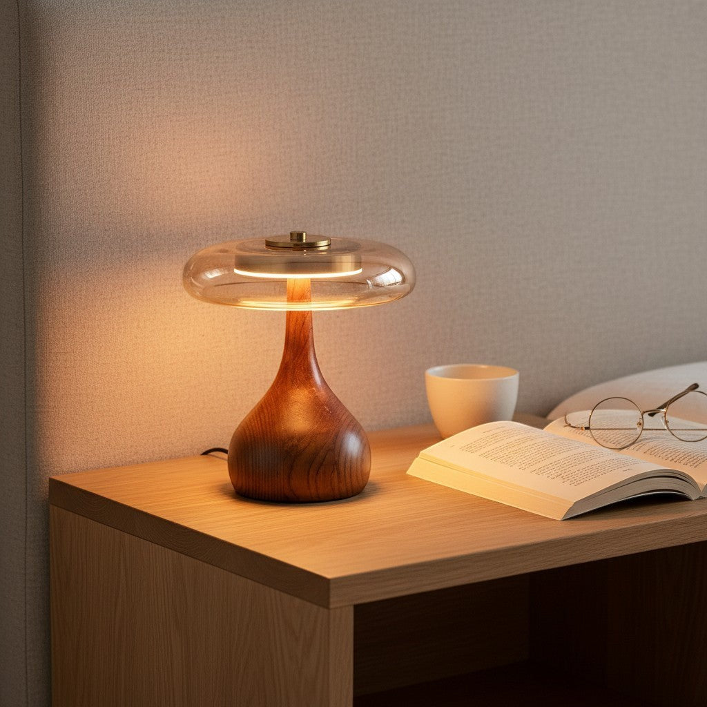 Lampe de bureau goodlampe en bois et verre ambré, style vintage, design contemporain.