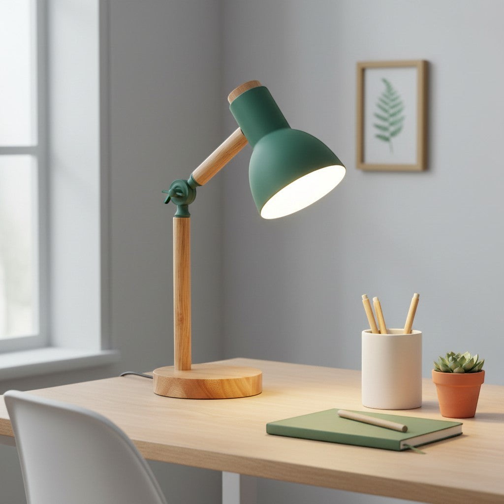 goodlampe lampe de bureau nordique en bois vert avec tête tournante et éclairage LED, idéale pour la lecture ou le bureau.