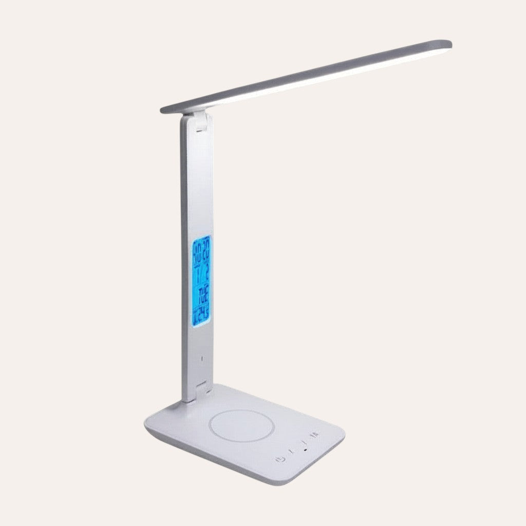 Lampe de bureau LED blanche goodlampe avec charge sans fil, écran calendrier et réveil intégré. Design moderne.