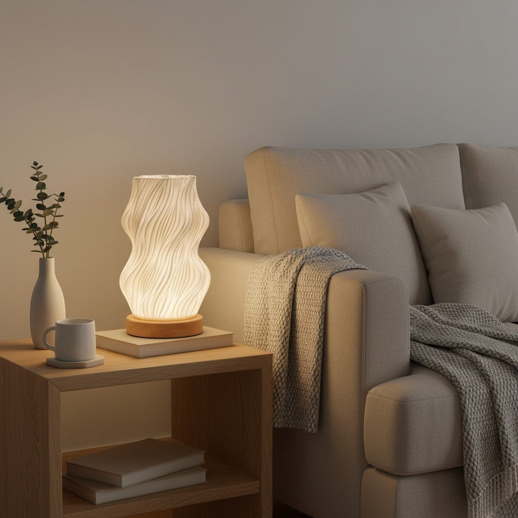 Lampe de bureau goodlampe LED blanc chaud, design vague moderne, base en bois, éclairage d'ambiance USB