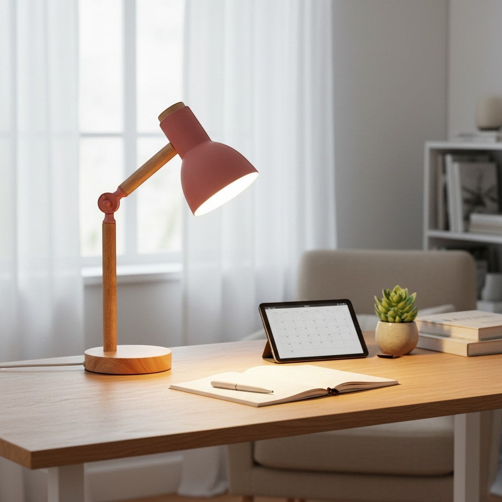 goodlampe lampe de bureau nordique rose et bois avec tête tournante réglable, design moderne pour chevet ou bureau.