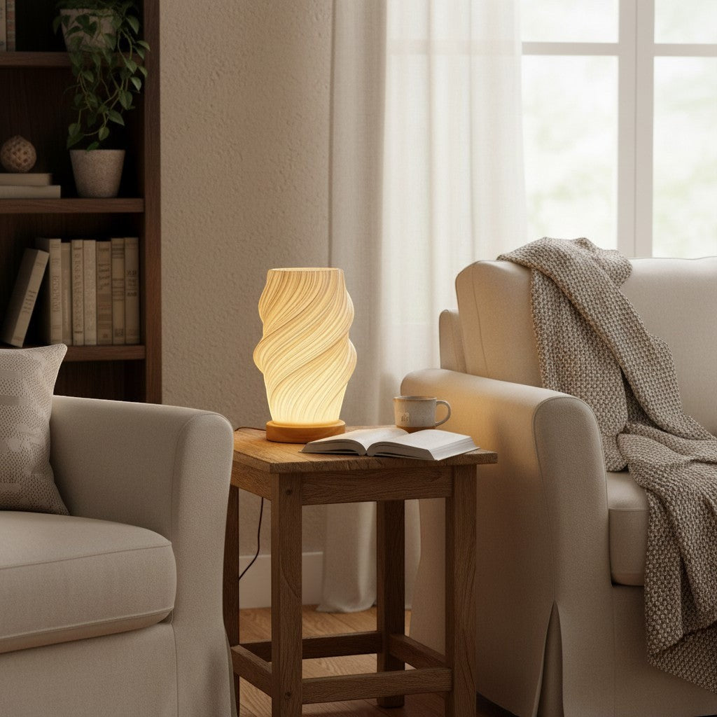Lampe de bureau goodlampe en bois clair avec un design torsadé, style nordique, éclairage LED blanc chaud.