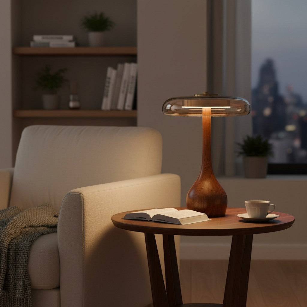 Lampe de bureau goodlampe en bois et verre ambré, style vintage, design contemporain.