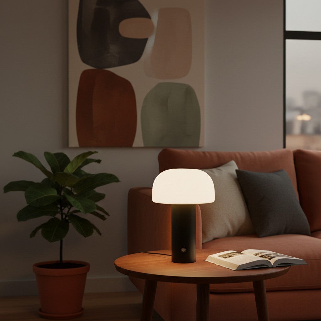 Lampe champignon LED noire avec abat-jour blanc diffusant, design moderne pour bar ou table, 3 couleurs, dimmable.