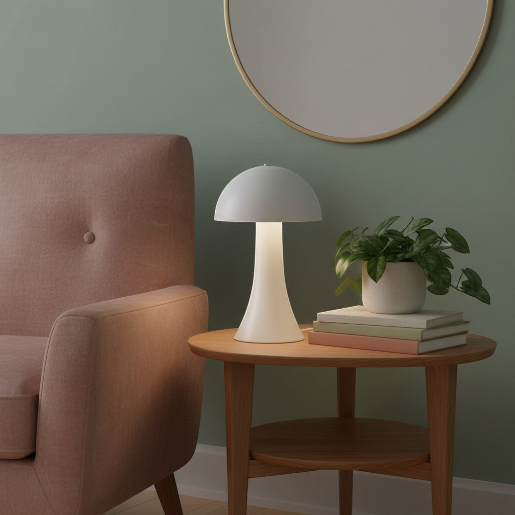 Lampe champignon LED blanche goodlampe en métal et acrylique, design rétro, 3 couleurs de lumière réglables, tactile, rechargeable USB.