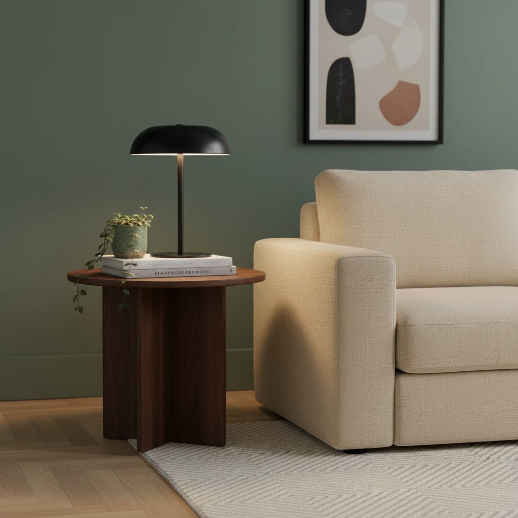 Lampe champignon noire en métal, rechargeable et tactile, style moderne pour la décoration intérieure.