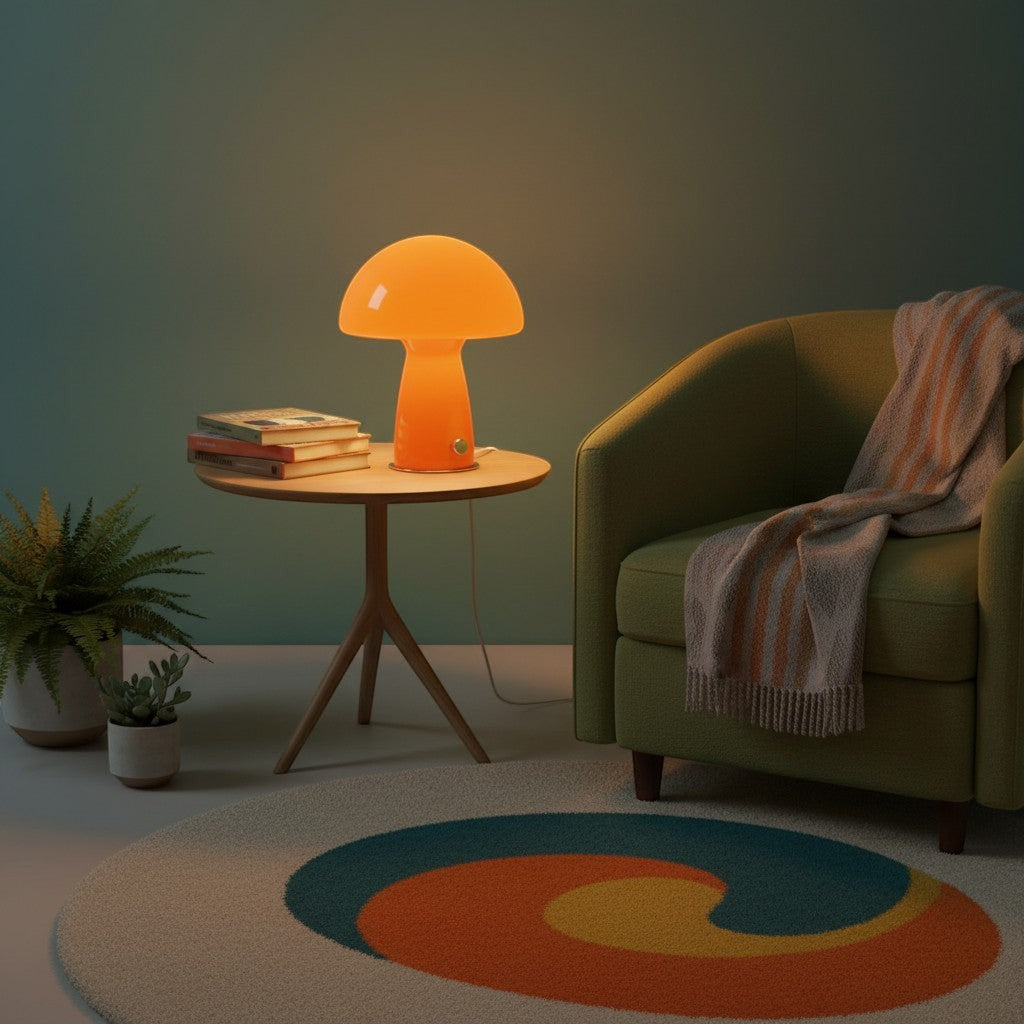 Lampe champignon orange en verre, style Bauhaus vintage, avec interrupteur tactile. goodlampe.