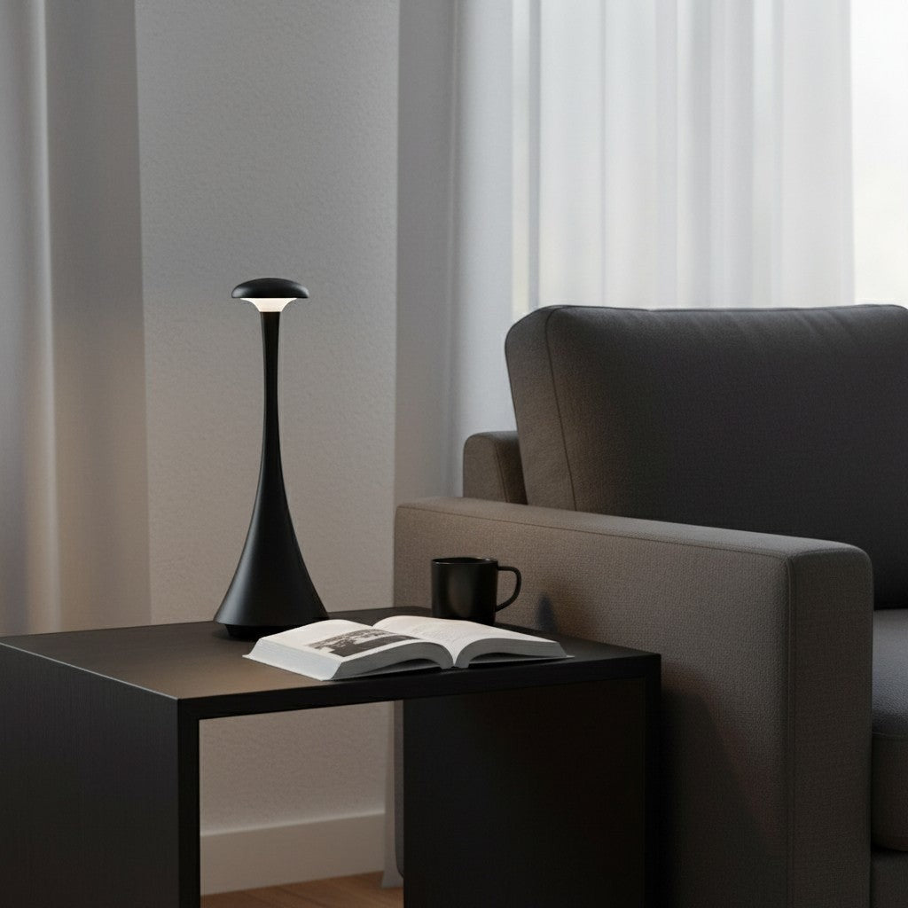 goodlampe lampe champignon rechargeable USB-C tactile noire en ABS et acrylique, design moderne, éclairage d'ambiance réglable.