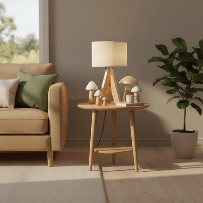 goodlampe lampe de table moderne en bois clair avec abat-jour cylindrique en tissu écru, design trépied