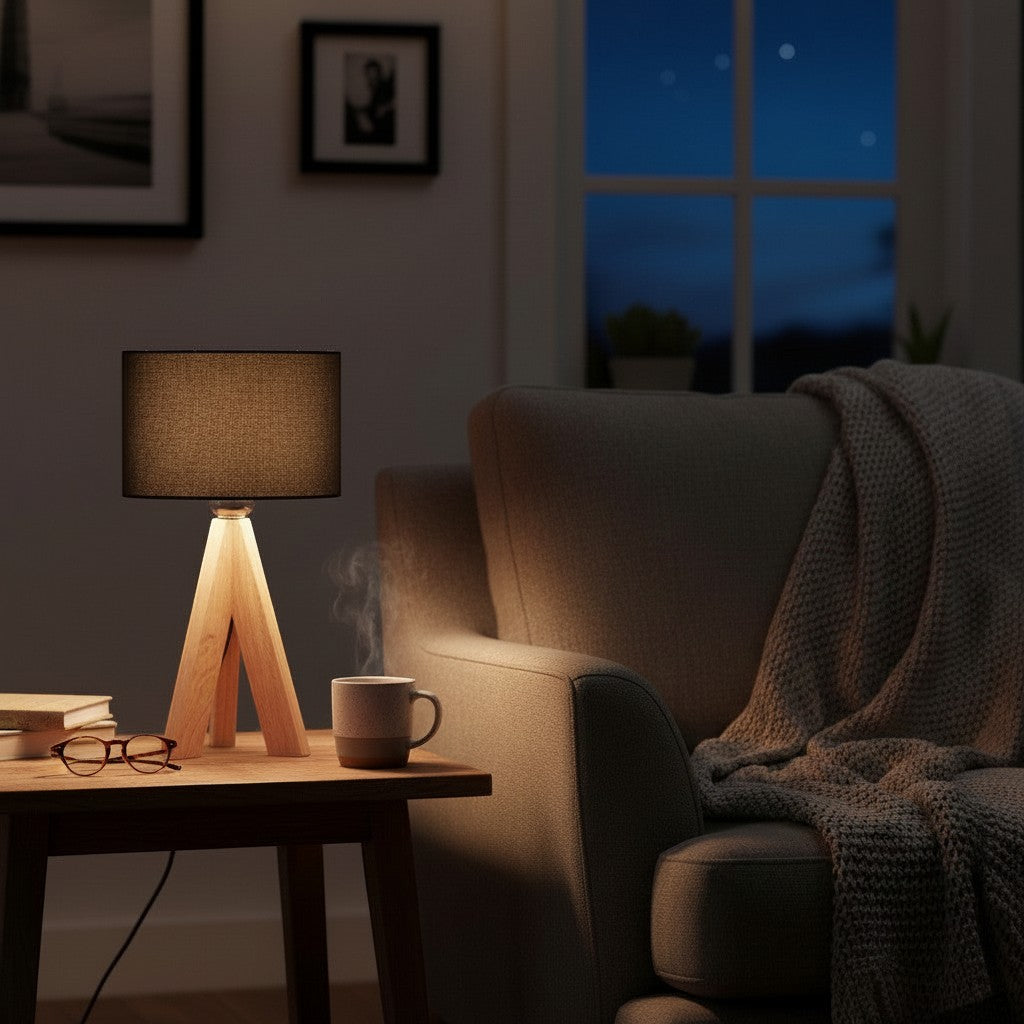 Lampe de table goodlampe en bois avec abat-jour cylindrique en tissu noir, style moderne.
