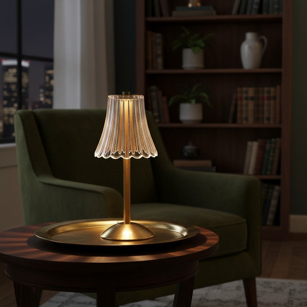 Lampe de table goodlampe moderne en métal doré avec abat-jour plissé en verre transparent, rechargeable par USB, tactile et dimmable.