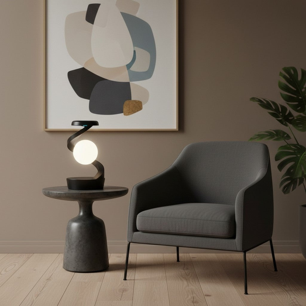 Lampe de table rotative goodlampe noire avec ampoule LED flottante et chargeur sans fil intégré.