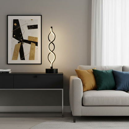 goodlampe lampe LED USB décorative avec un design torsadé moderne, base ronde noire, éclairage blanc chaud.