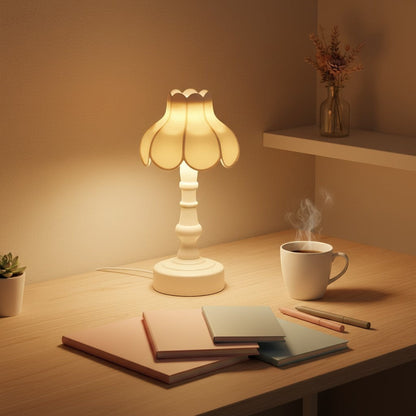 goodlampe lampe de table lotus vintage LED blanc cassé, veilleuse décorative avec abat-jour festonné