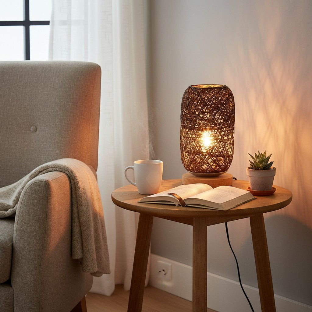 Lampe de table goodlampe en rotin tressé marron avec base en bois, éclairage chaleureux, connexion USB/prise E27.