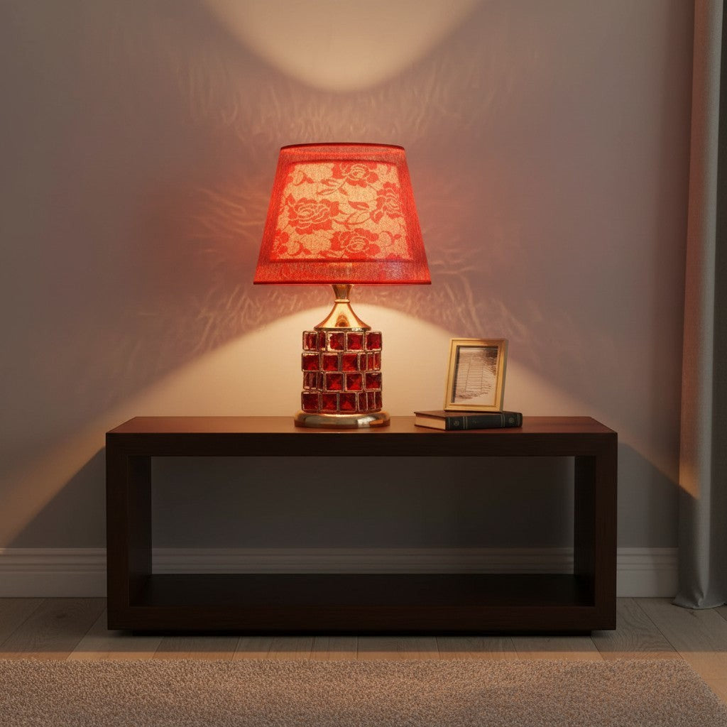 goodlampe lampe de table rouge en cristal avec abat-jour en dentelle, style luxe européen, idéale pour mariage.