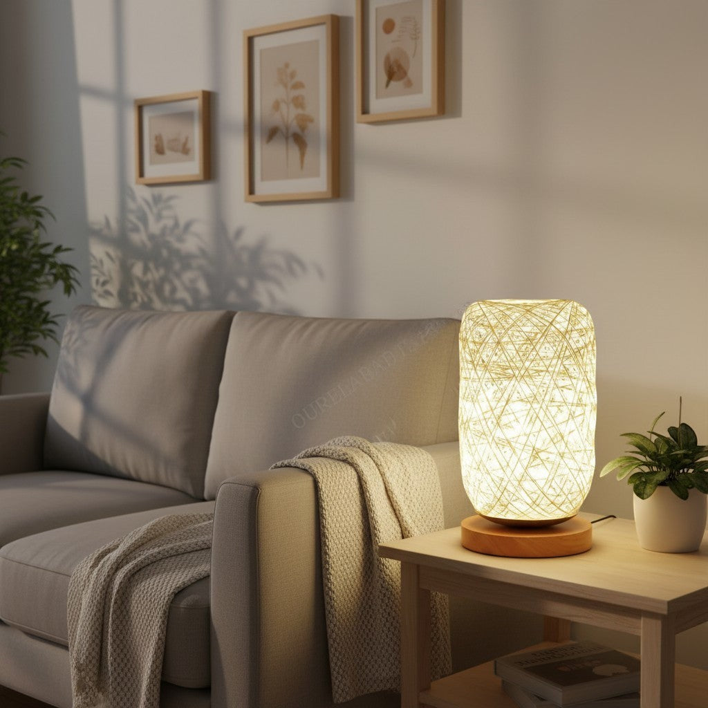 Lampe de table goodlampe en rotin et ficelle beige, abat-jour cylindrique tressé, base en bois, éclairage chaleureux.