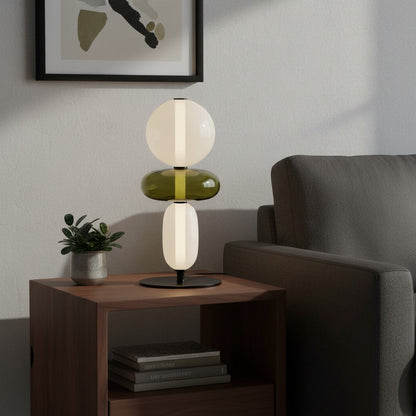 Lampe de table goodlampe design italien avec sphères en verre blanc cassé et vert olive, style moderne.