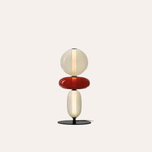 Lampe de table goodlampe au design italien avec boules en verre superposées rouges et blanches sur socle en métal noir