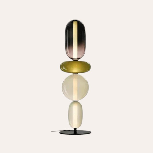 Lampe de table goodlampe au design italien avec des sphères en verre coloré empilées sur une base en métal noir