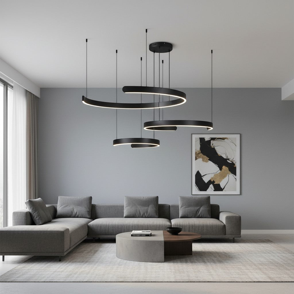 goodlampe lustre noir triple anneau en aluminium, design moderne et minimaliste, éclairage LED dimmable.