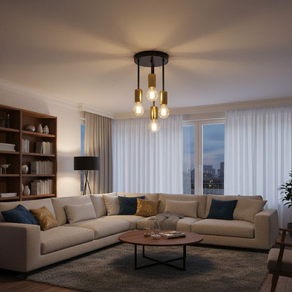 goodlampe modern black 4-light E27 pendant light with gold accents and exposed bulbs.