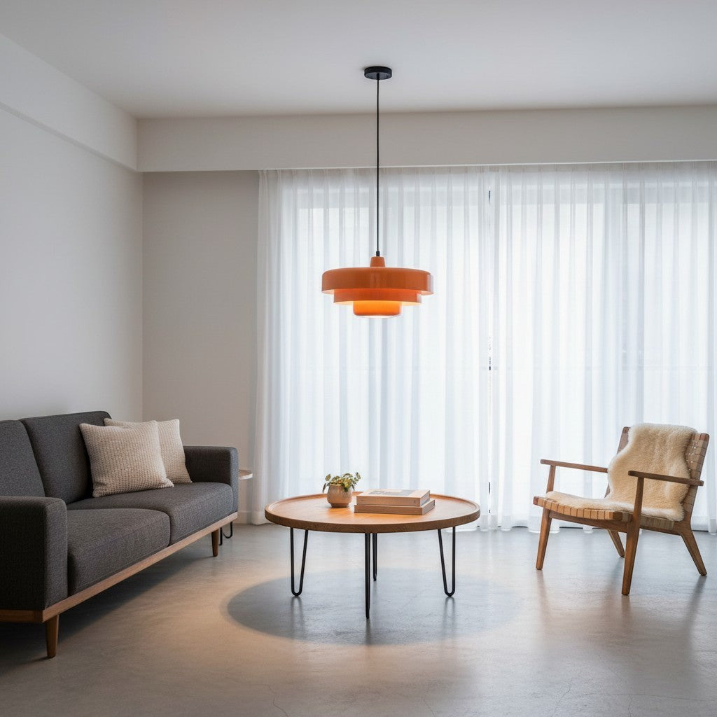 goodlampe orange aluminium pendant light with tiered shade, modern Nordic medieval style