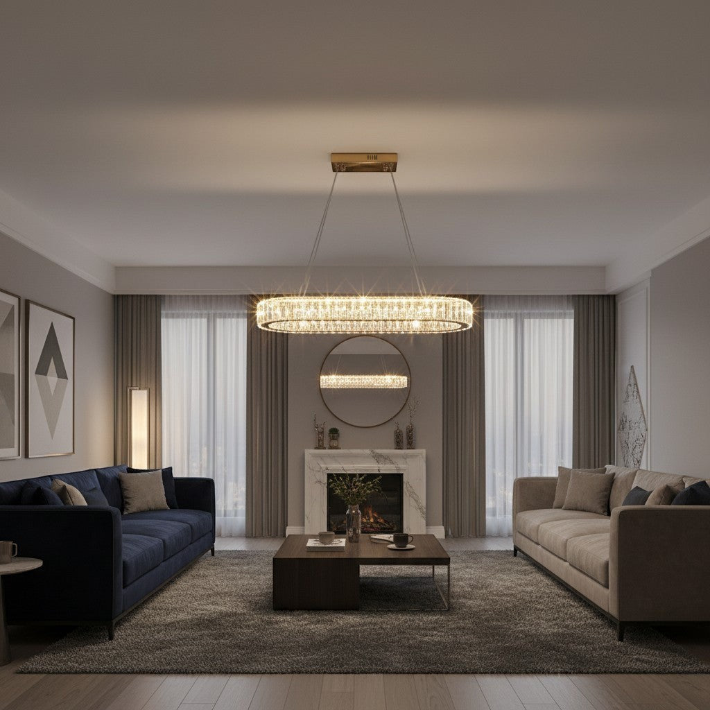 goodlampe oval modern crystal LED chandelier with gold finish, 3 lights, for dining room or living room.