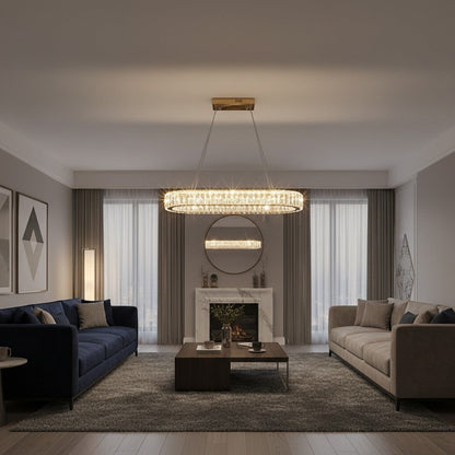 goodlampe oval modern crystal LED chandelier with gold finish, 3 lights, for dining room or living room.