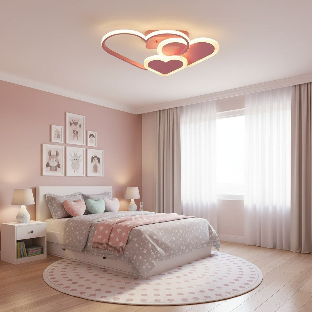 goodlampe pink dimmable LED heart ceiling light with metal and acrylic construction, adjustable brightness and color temperature.