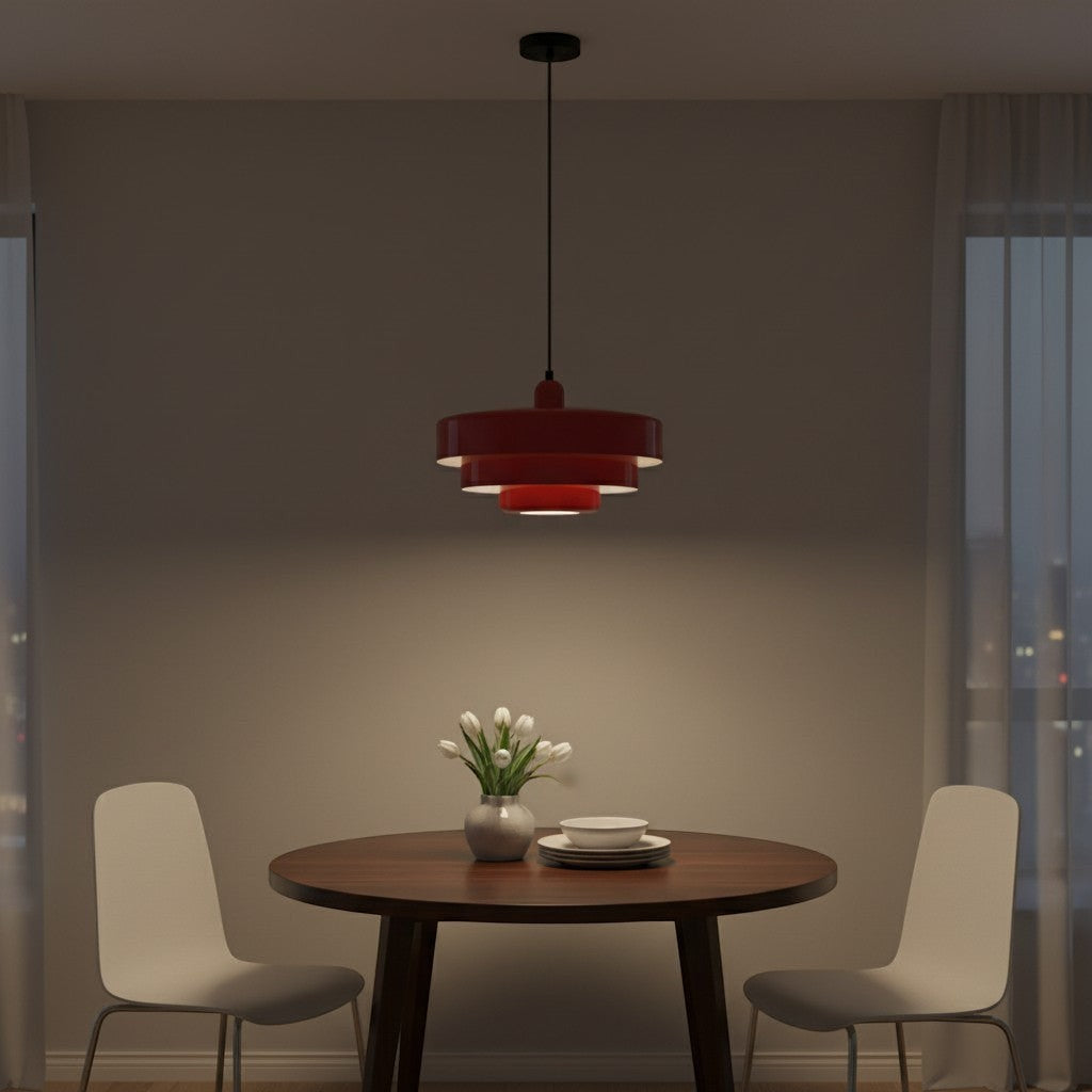 goodlampe red aluminium pendant light with tiered shade, modern Nordic medieval style