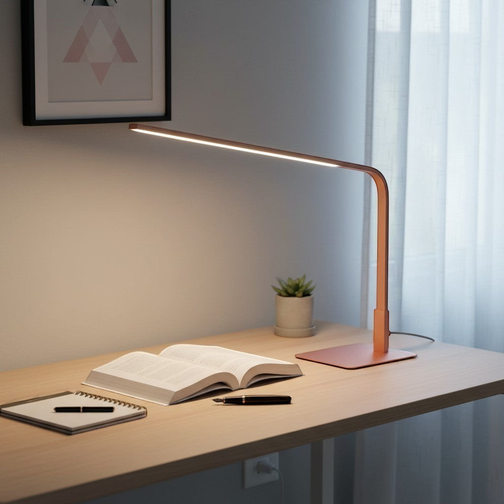goodlampe rose LED desk lamp with USB port, dimmable warm white light, modern minimalist design.
