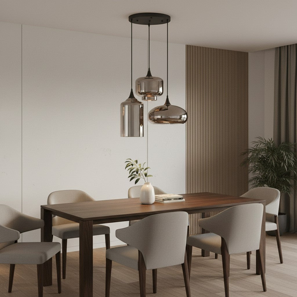 goodlampe modern Nordic pendant light with 3 smoked glass shades in different shapes, E27 base