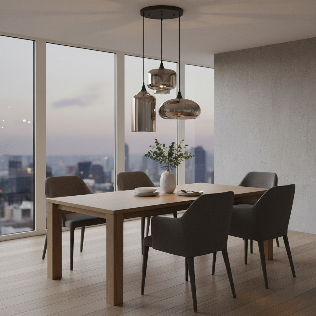 goodlampe modern Nordic pendant light with 3 smoked glass shades in different shapes, E27 base