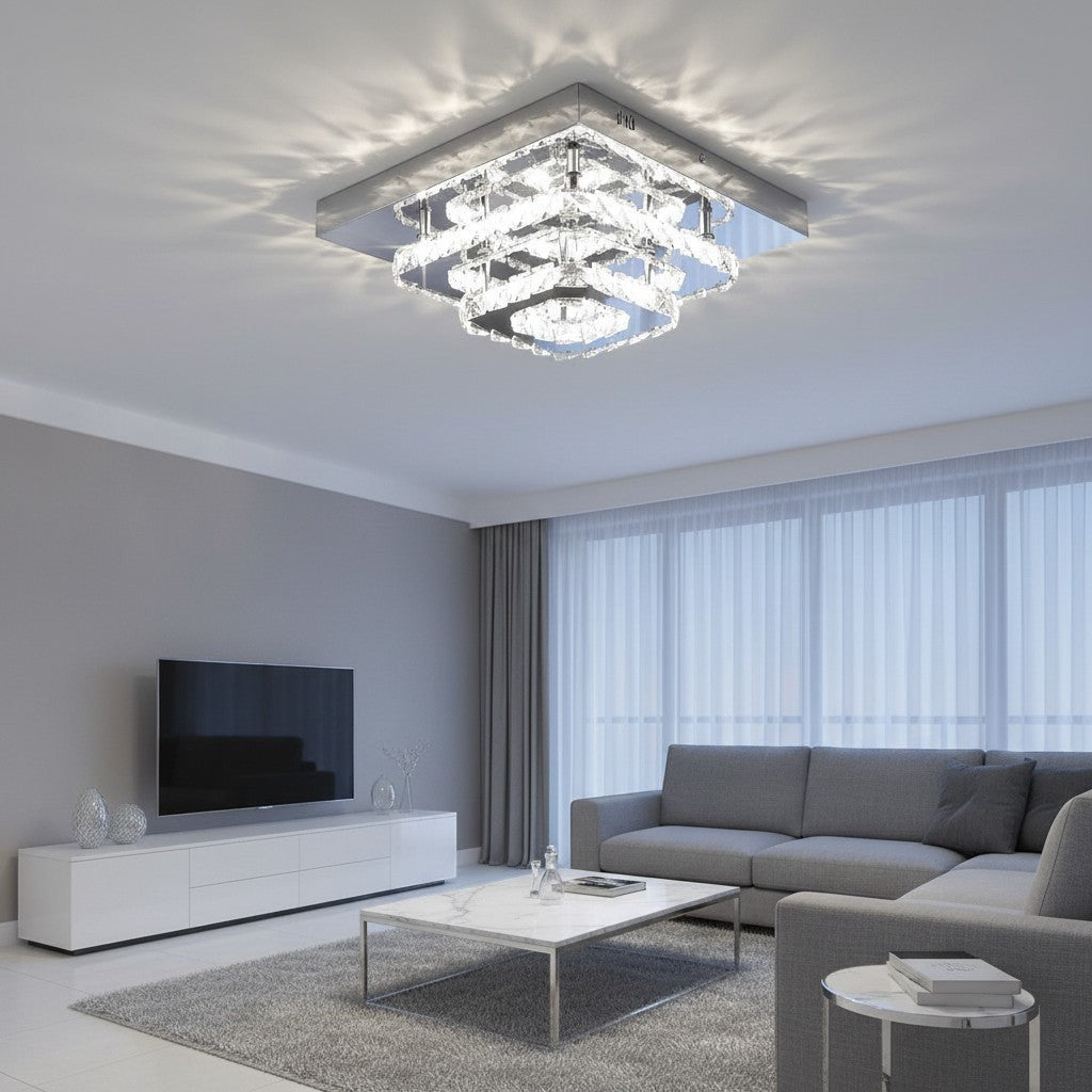 goodlampe modern square stainless steel flush mount ceiling light with K9 crystal accents, 30cm diameter, 36W