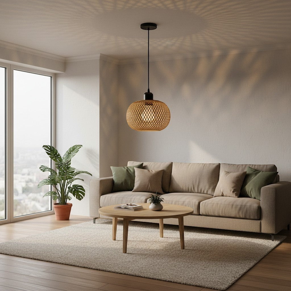 Suspension goodlampe en bambou tressé main diffusant une lumière douce dans un salon au style naturel et chaleureux