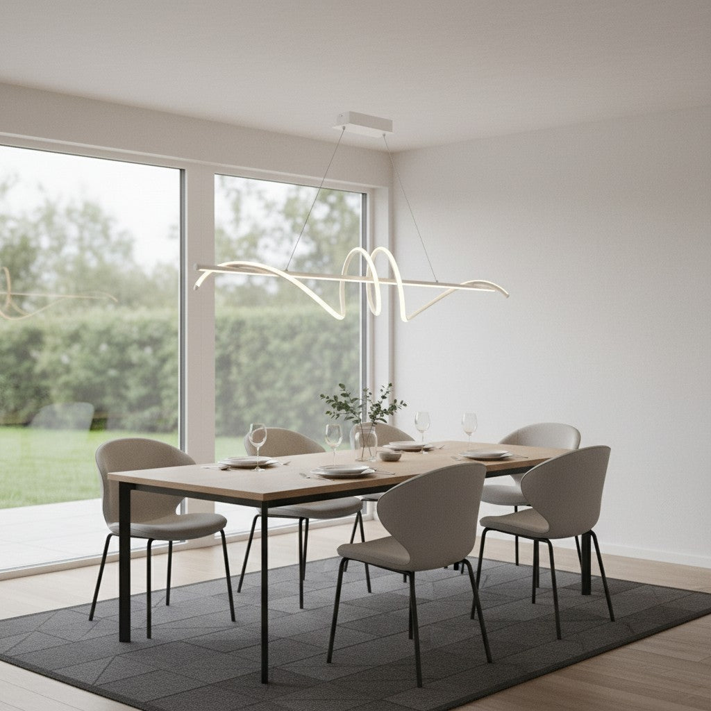 Suspension LED Ruban blanc 100cm goodlampe au design moderne en aluminium suspendue au-dessus d'une table à manger