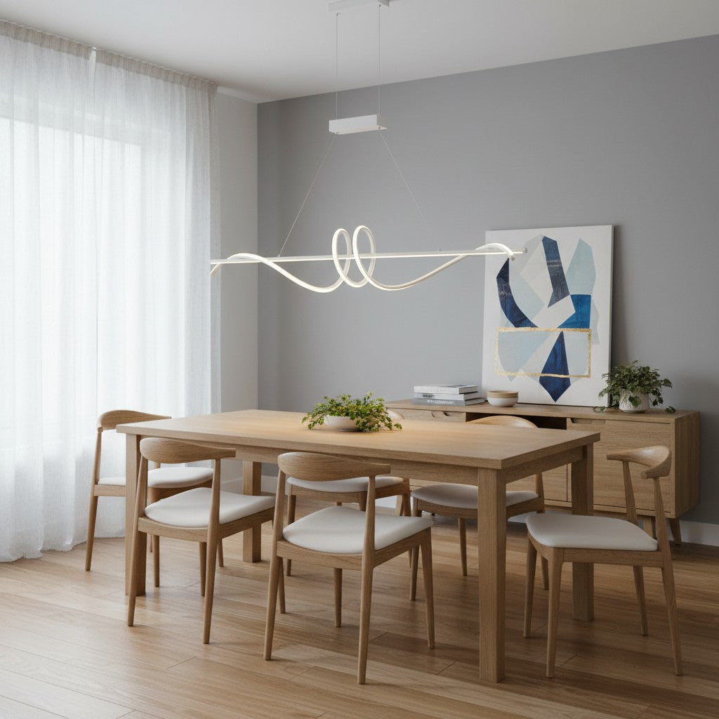 Suspension LED Ruban blanc 120cm goodlampe au design moderne en aluminium au-dessus d'une table à manger en bois