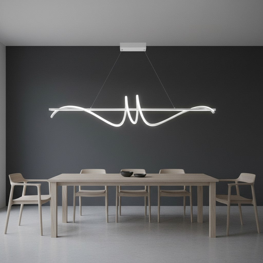 Suspension LED Ruban blanc 100cm goodlampe au design moderne en aluminium au-dessus d'une table de salle à manger