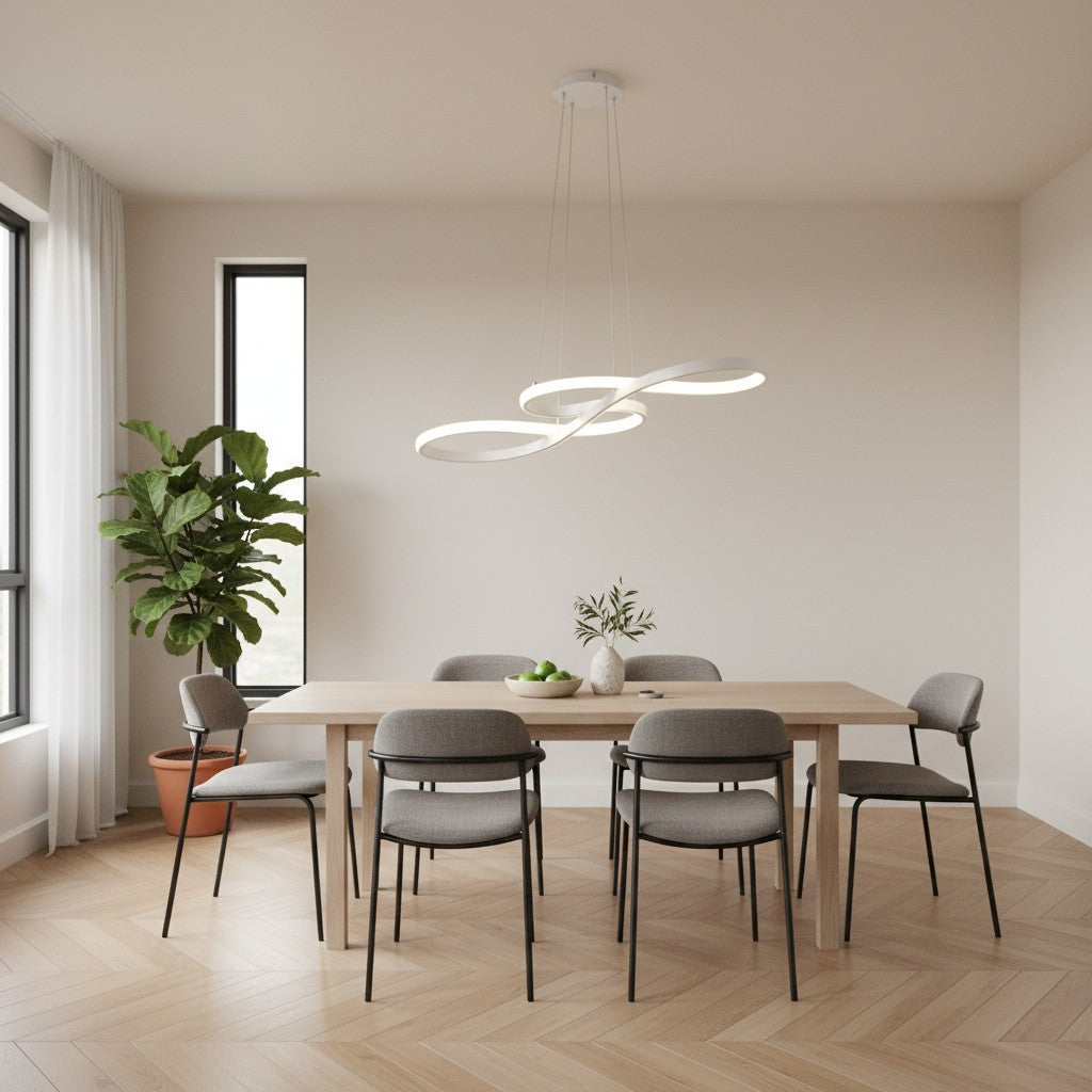 Suspension LED spirale blanche goodlampe au-dessus d'une table à manger en bois dans un intérieur moderne et épuré