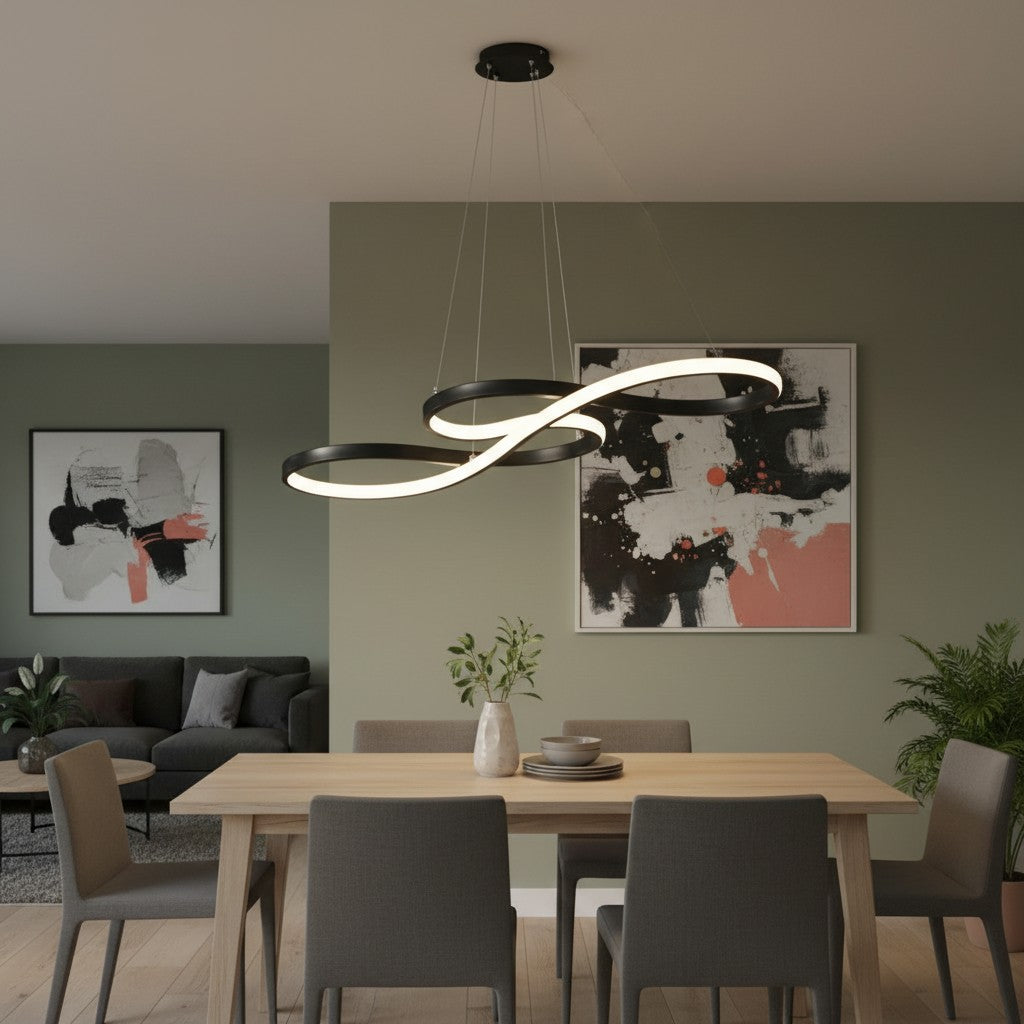 Suspension LED spirale noire goodlampe au-dessus d'une table à manger en bois dans un salon moderne