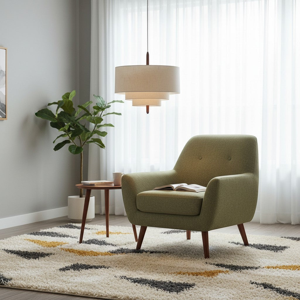 goodlampe Wabi Sabi Japanese fabric pendant light with three tiers in off-white, featuring a warm, ambient glow.