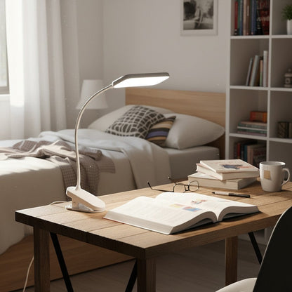 goodlampe white clip-on LED desk lamp with flexible neck, ideal for students and USB charging.